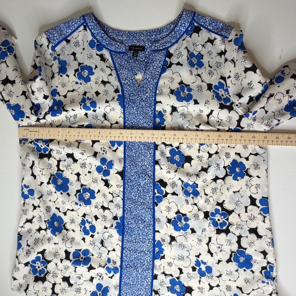 Talbots Blue Floral Blouse Large Lightweight Boho Office Mixed Print Preppy - Picture 7 of 7